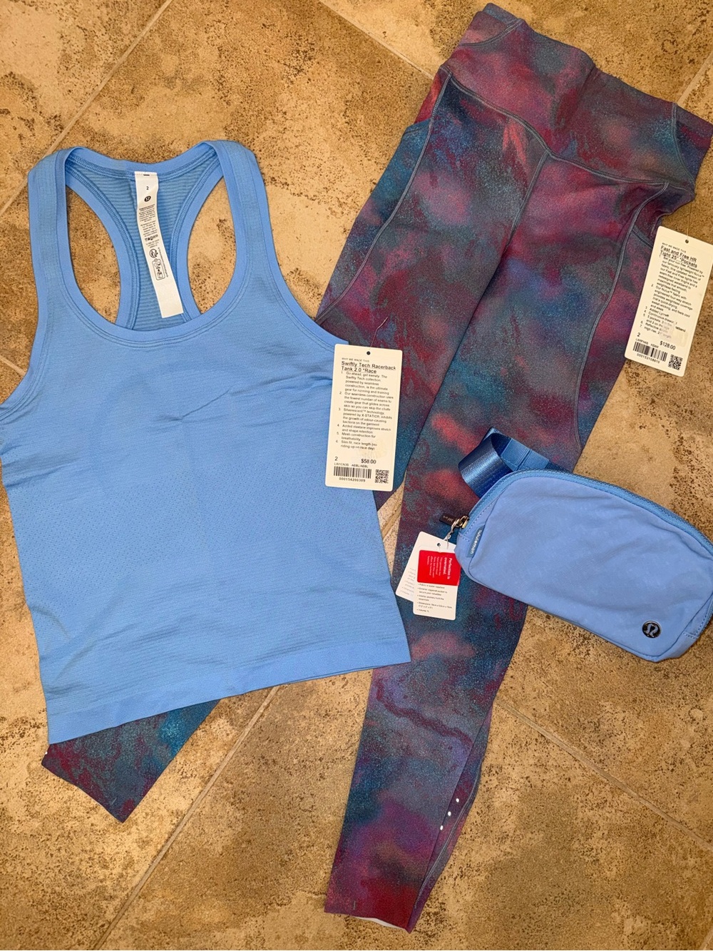 Lululemon Athletica Blue HR Fast Free Legging Pants & Swiftly Tech Tank Top sz 2